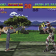 A screenshot of Tekken depicting characters Kazuya and Yoshimitsu fighting with trees, a lake, and mountains in the background.
